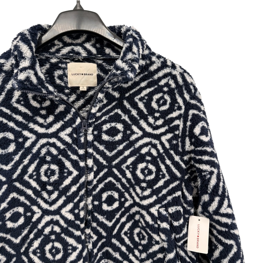 NEW Lucky Brand Faux Fur Geo Print Jacket Womens Large Full Zip Blue White Cozy - Picture 5 of 10